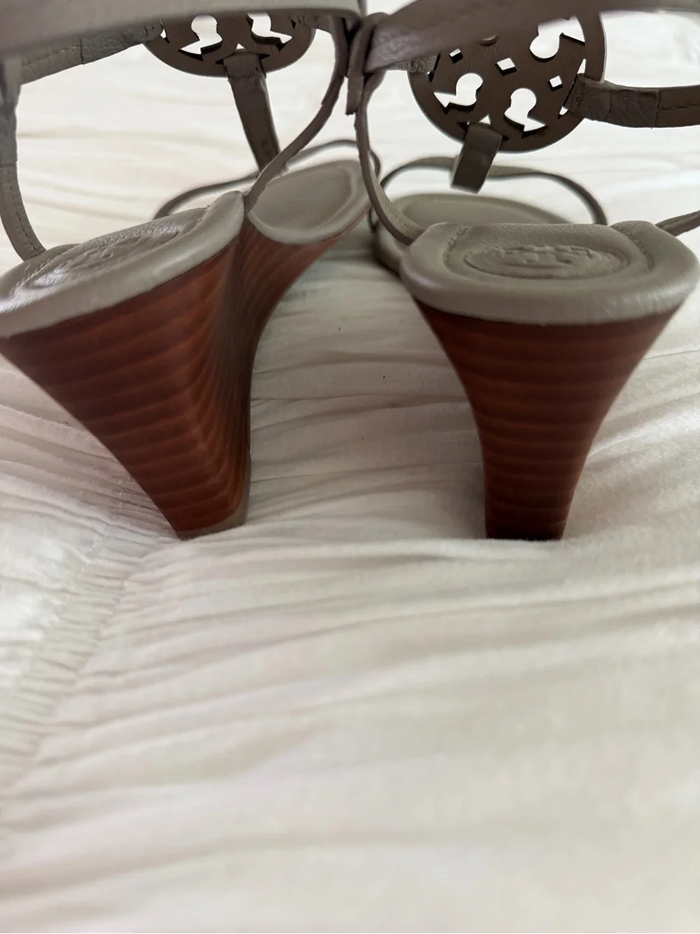 Tory Burch Taupe Leather Wedge T-Strap Sandals